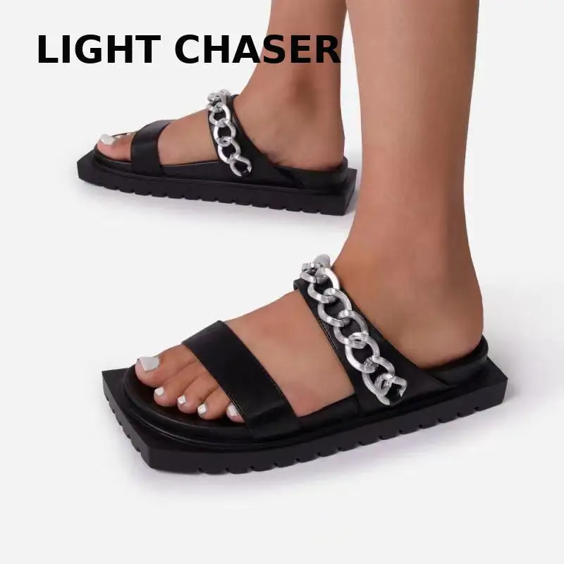 

Summer Thick Bottom Square Head One-line Beach Slippers Women's Fashion Metal Chain Sandals And Slippers Casual Flat Slippers