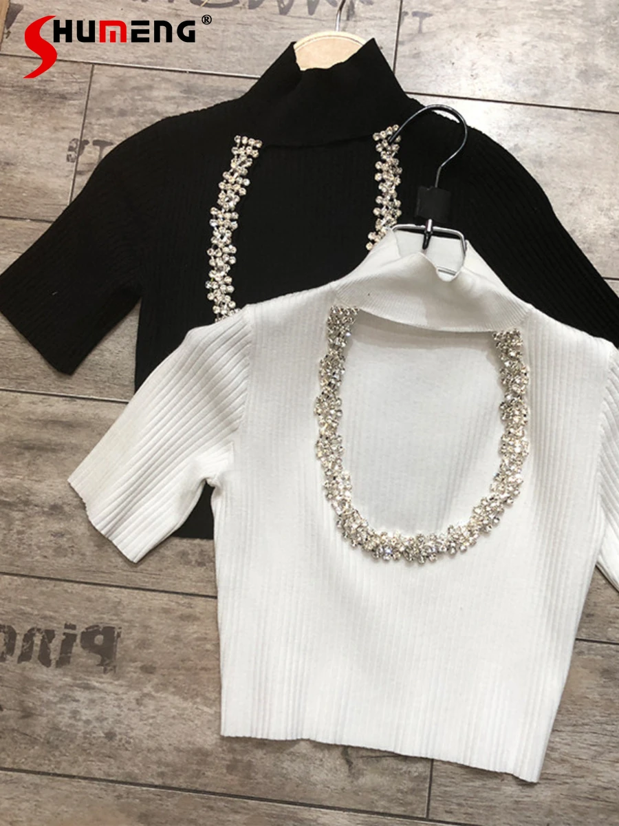 

2022 Summer New Female Fashion Elegant Necklace Hollowed Backless Pullover Knitted T-shirt Women's Simple Solid Short Sleeve Top