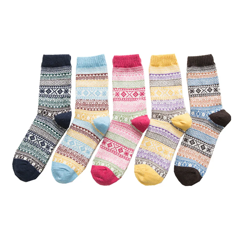 5 Pairs Winter Autumn Women Wool Socks Warmer Ethnic National Style Cashmere Thermal Thicken  Rhombus Women Socks