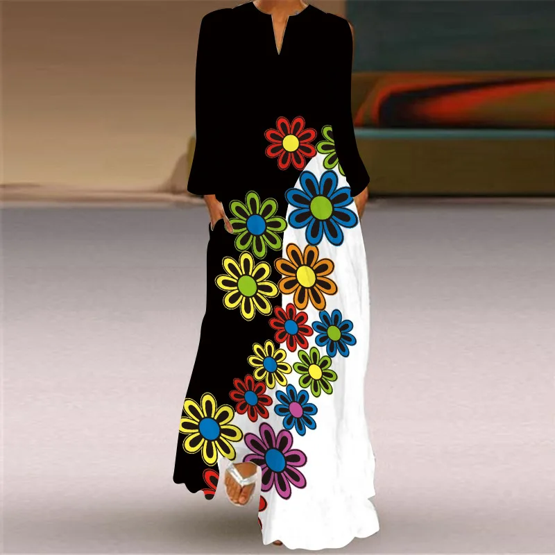 

Women's Casual Bohemian Maxi Dress 2023 New Ladies Long Sleeved Pocket Printed Loose Fitting Dresses Holiday Wear Vestidos