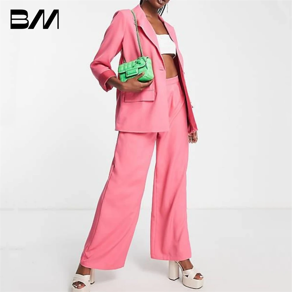 Hot Pink  Formal Pantsuit Long Women 2 Pieces Suit Set Blazer Pants Set V-neck Single Button V-neck Solid Oversize Women Outfit