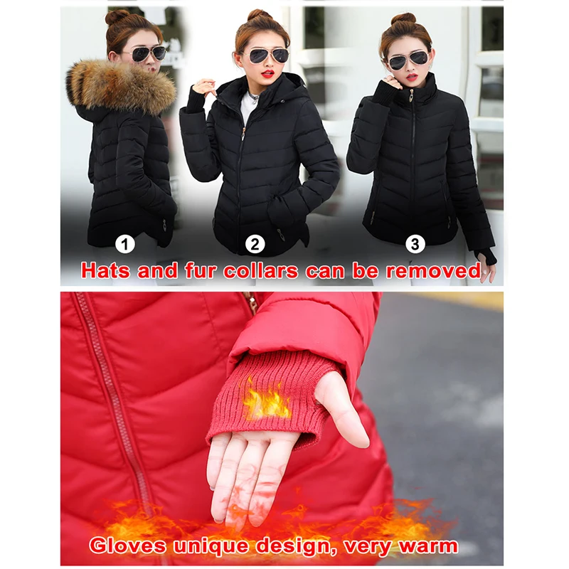2023 New Winter parkas Women Winter Jacket Womens Gloves warm detachable fur collar detachable hat Slim fit coat