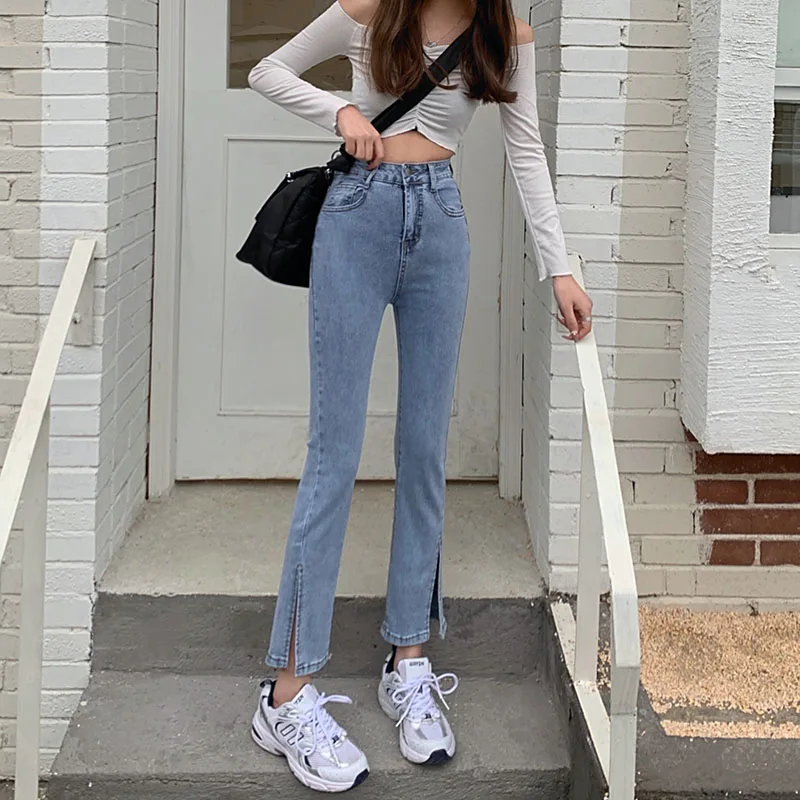 

DD2081 Women's spring and summer new high-waisted slim slim cropped micro-flared trousers jeans