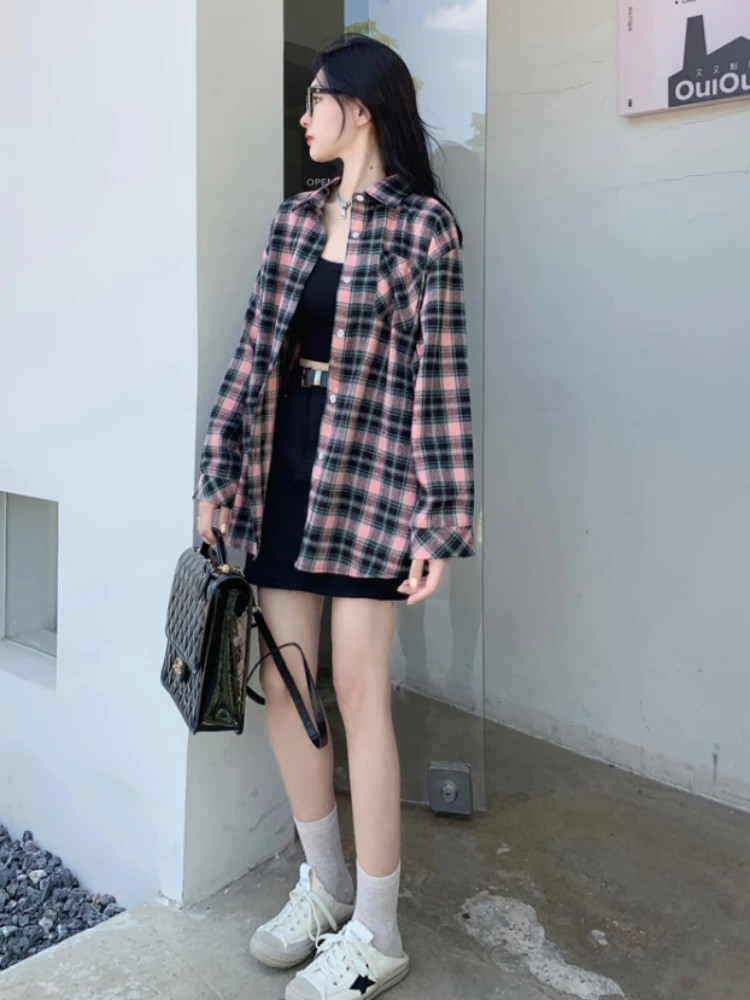 Клетчатые рубашки женские ретро весенние свободные повседневные однобортные