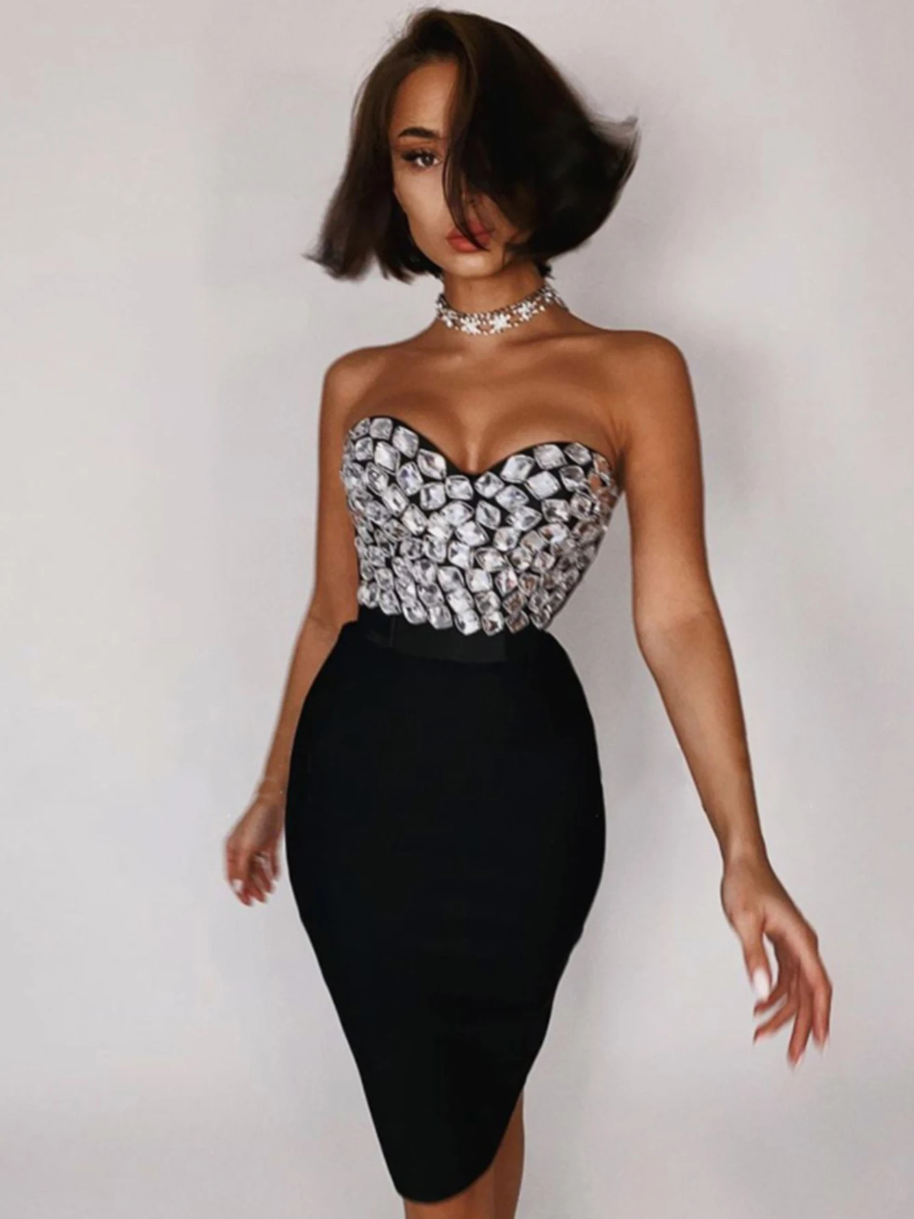 Женский облегающий костюм Adyce Черный Вечерние п без бретелек и юбка рукавов со