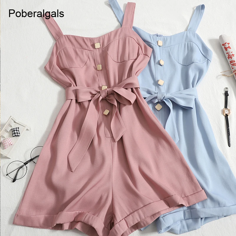 

Playsuits for jumpsuit summer new loose waist thin one-piece sling shorts jumpsuit women's lace-up buttoned jumpsuit women tide
