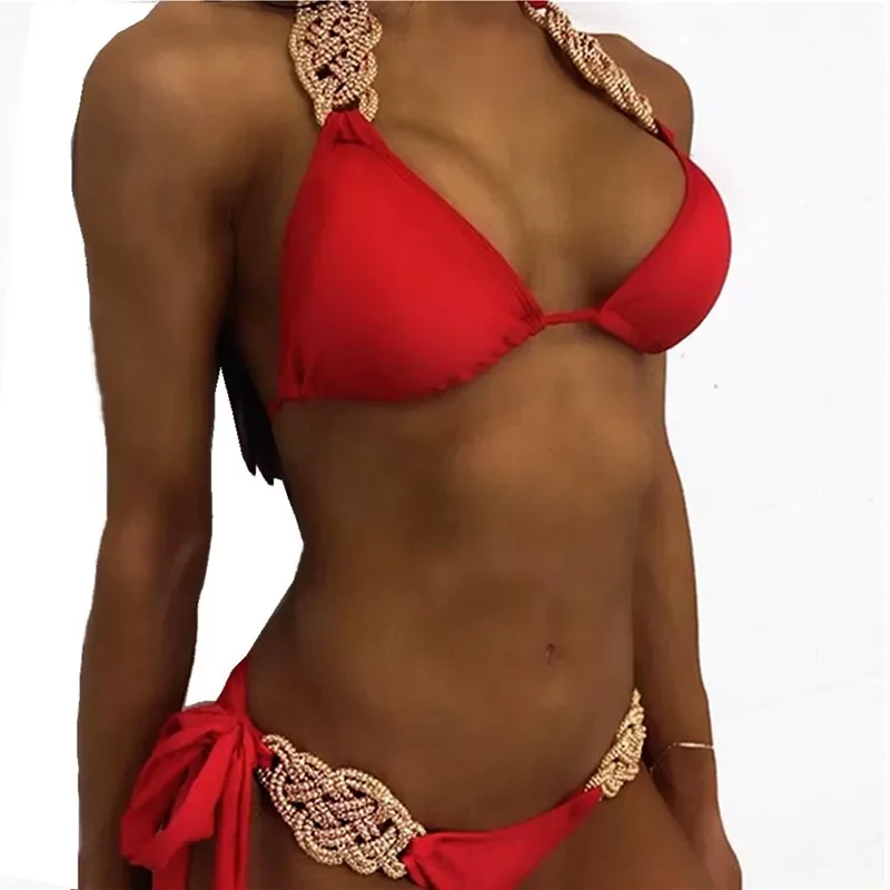 

2021 Sexy Halter Knitted Bikini Women Swimwear Female Swimsuit Two-pieces Bikini set Brazilian Bather High Cut Bathing Suit Swim