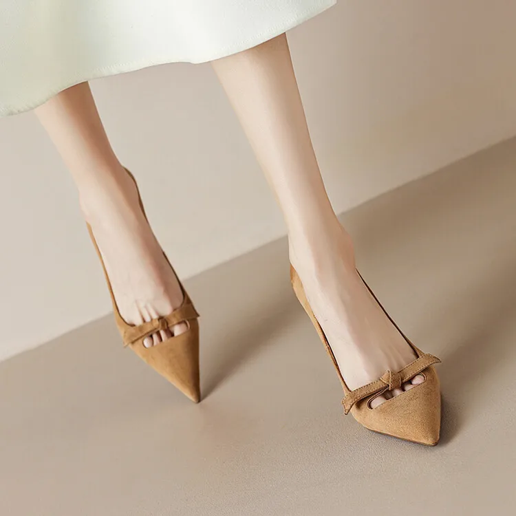 Женские замшевые туфли-лодочки открытые туфли на тонком высоком каблуке с бантом