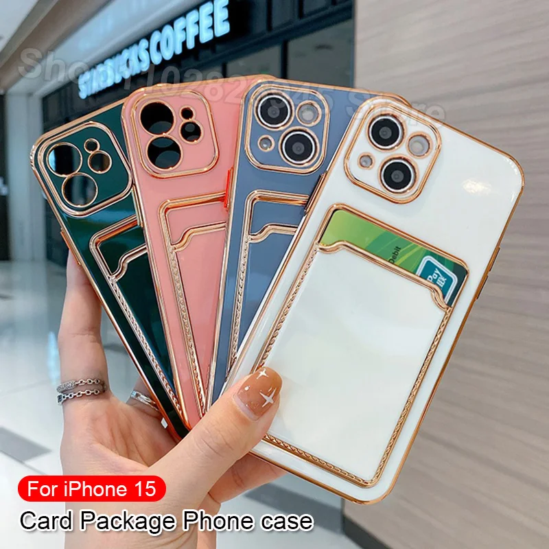 

Card Package Phone Case For IPhone 15 14 13 12 11 Pro Max XR XS 7 8 Plus SE2/SE3 Plating Can Insert Cards Back Cover