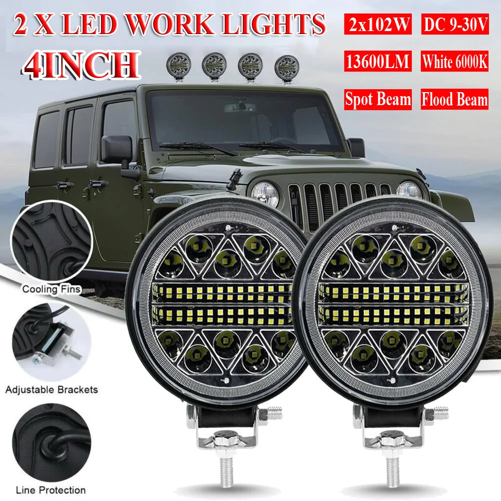 2Pcs 4in Round Led Work Lights 13600LM LED Spot Flood Beam Driving Light