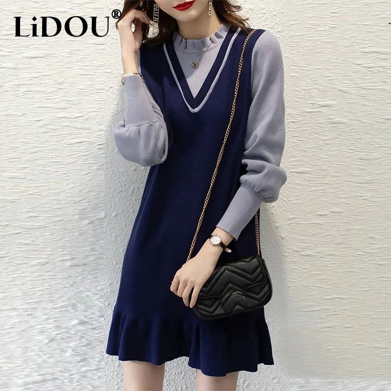 

Autumn Winter Ruffles Round Neck Fake Two Piece Knitted Dress Ladies Elegant Fashion Patchwork Vestido Women Casual Robe Dresses