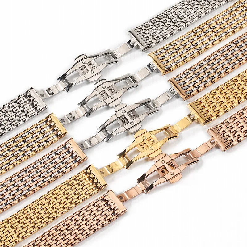 18MM 20MM 22MM Stainless Steel Universal All steel solid strap 316L steel nine bead Of Rice Silver Gold Watch Band Bracelet