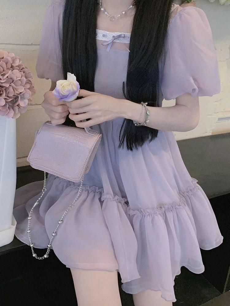 

Purple Korean Dress Women Casual Short Sleeve Elegant Y2k Mini Dress Even Party Pure Color Lace Chiffon Sundress 2022 Summer