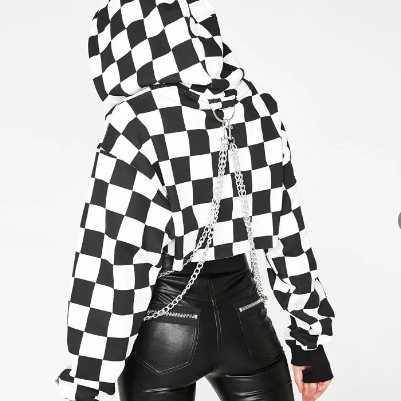 

Женский свитшот в готическом стиле, Повседневная Уличная одежда в клетку, толстовка с капюшоном, короткий топ, джемпер, пуловер с цепочками, ...