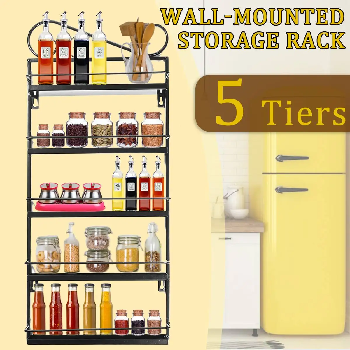 

5 Tier Wall Mount Spice Rack Hanging Spice Shelf Storage Seasoning Rack Cabinet Space Saver Racks Bathroom Kitchen Storage Shelf
