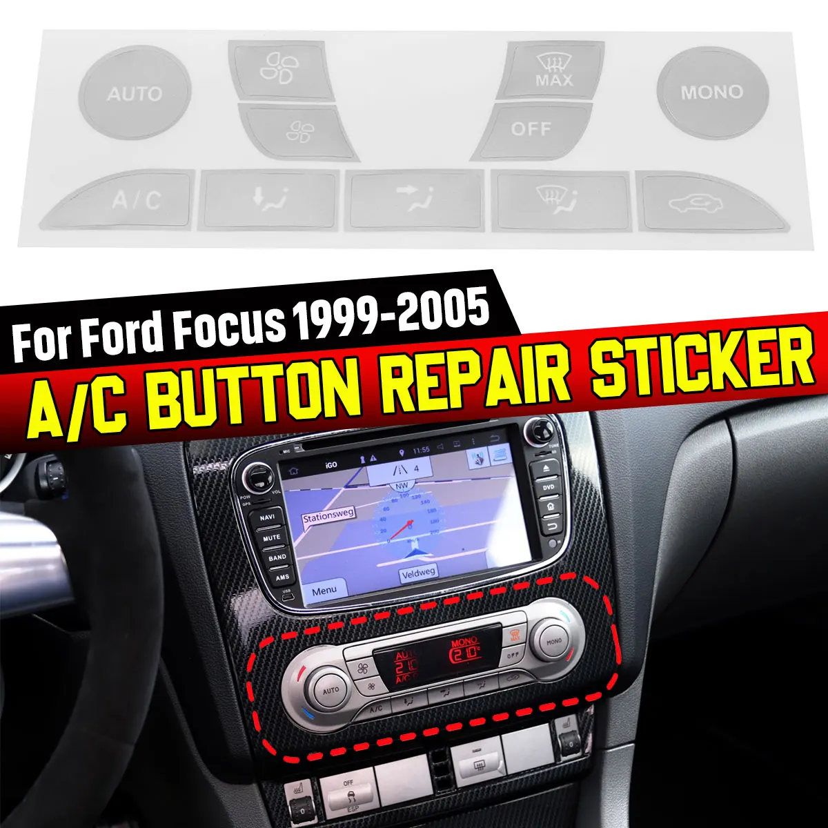 

Silver / Black Car Air Condition AC Climate Control Button Repair Sticker Decal For Ford Focus 1999-2005 Fix Ugly Button