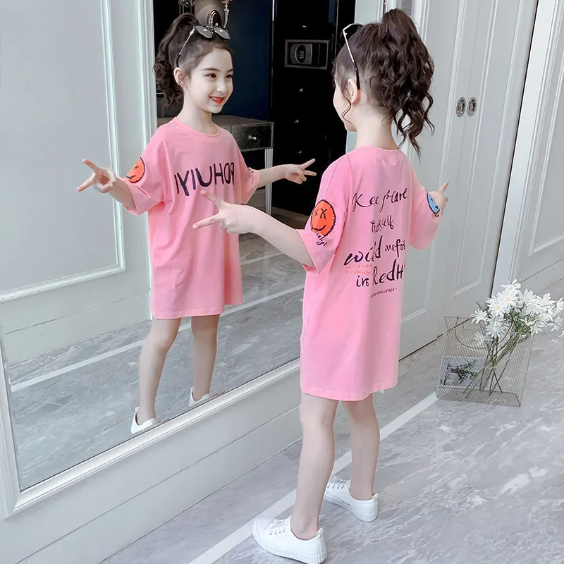 

Girls Summer T-shirt Dress Children's Fashion Printed Casual Letter Short Sleeve Princess Dress 3-15Y Home Wear New