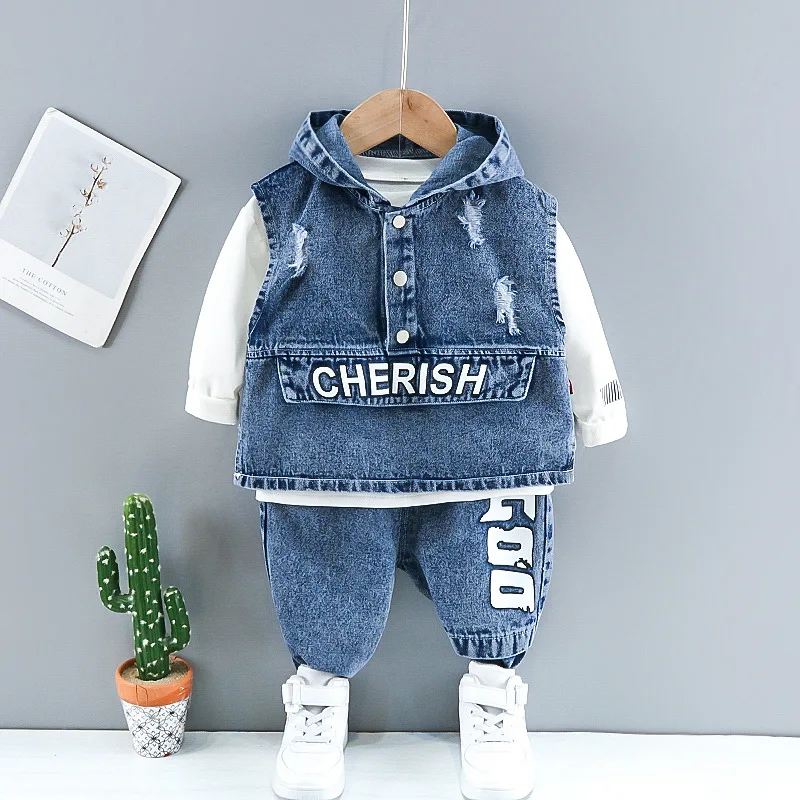 Fashion Spring Autumn Three Piece Suit Casual Baby Boys Letter Clothes Kid Longsleeve Top+Hodies Jeans Vest Coat+Denim Pant Suit