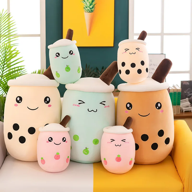 

24-70cm cute cartoon Fruit bubble tea cup shaped pillow with suction tubes real-life stuffed soft back cushion funny boba food