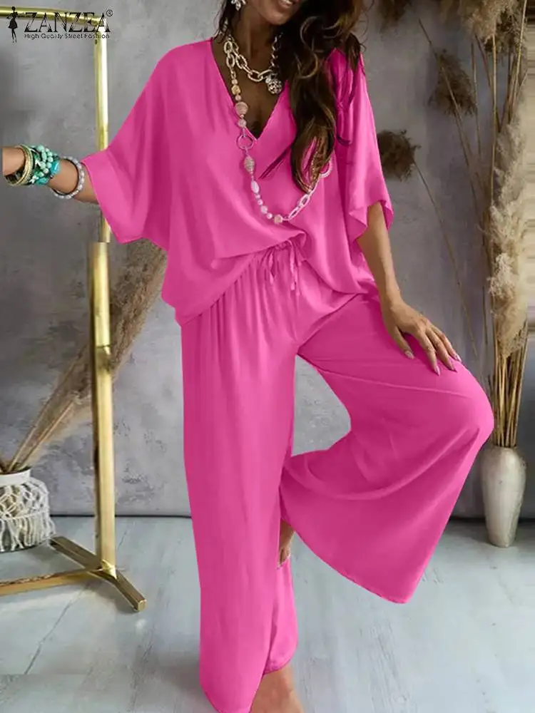 

ZANZEA Wide Leg Pant Women Matching Sets Solid Casual 2pcs Outfit Elastic Waist Half Sleeve Top Tracksuit Summer Loose Pant Sets