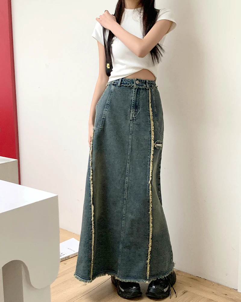 

Винтажная Синяя Женская джинсовая юбка, уличная одежда в американском стиле, Повседневная Дамская джинсовая юбка-трапеция с завышенной талией, с разрезом, средней и длинной