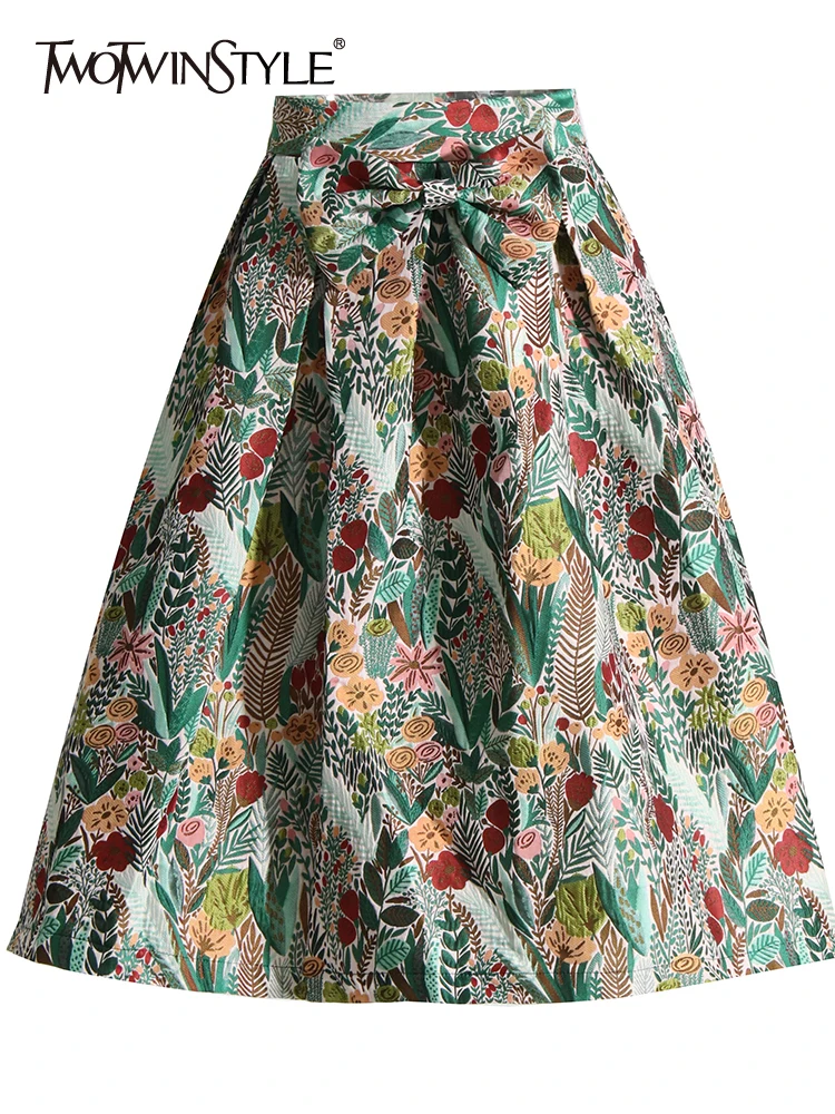 

TWOTWINSTYLE A Line Loose Print Skirts For Women High Waist Colorblock Elegant Temperament Vintage Skirt Female Fashion 2023 New