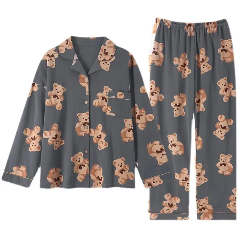 Heart Print Home Suit Loose Cotton Casual Sleepwear Korean Pajamas Set Trousers Harajuku Home Clothes Kawaii Single Breasted Top