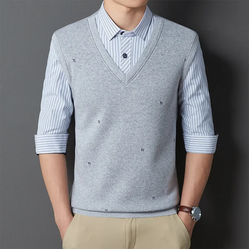 Men's Two-Piece Illusion Sweater Set Long Sleeve Pullover Shirt Collar Middle-Aged And Elderly Warm Fleece-Lined Thickened Knitt