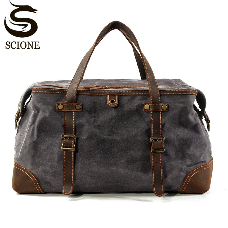 Big Duffle Bag for Men Vintage Leather Canvas Carry On Shoulder Handbag for Women Overnight Weekender Bag for Travel XM69