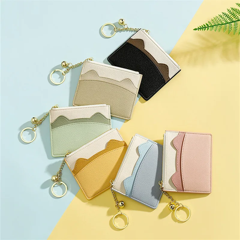 

Women's Wallet Mini ID Card Holders Cute Cat Ears Design Card Case Fashion PU Card Bag Bell Key Ring Thin Cute Wallets For Girls