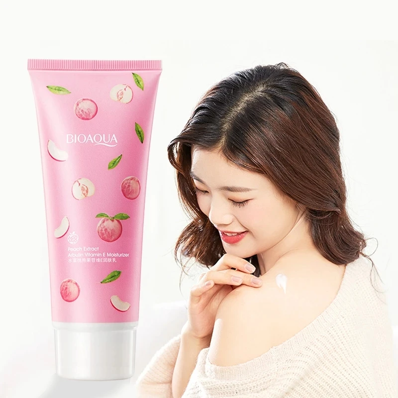 Bioaqua Body Cream Vitamin E Moisturizer Skin Whitening Emulsions Firming Lotion for Dark Skin with Peach Extract Lactobacillus