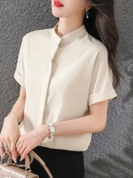 satin women shirts v neck chiffon short casual shirt loose basic solid button women tops 2022 summer korean fashion ladies top