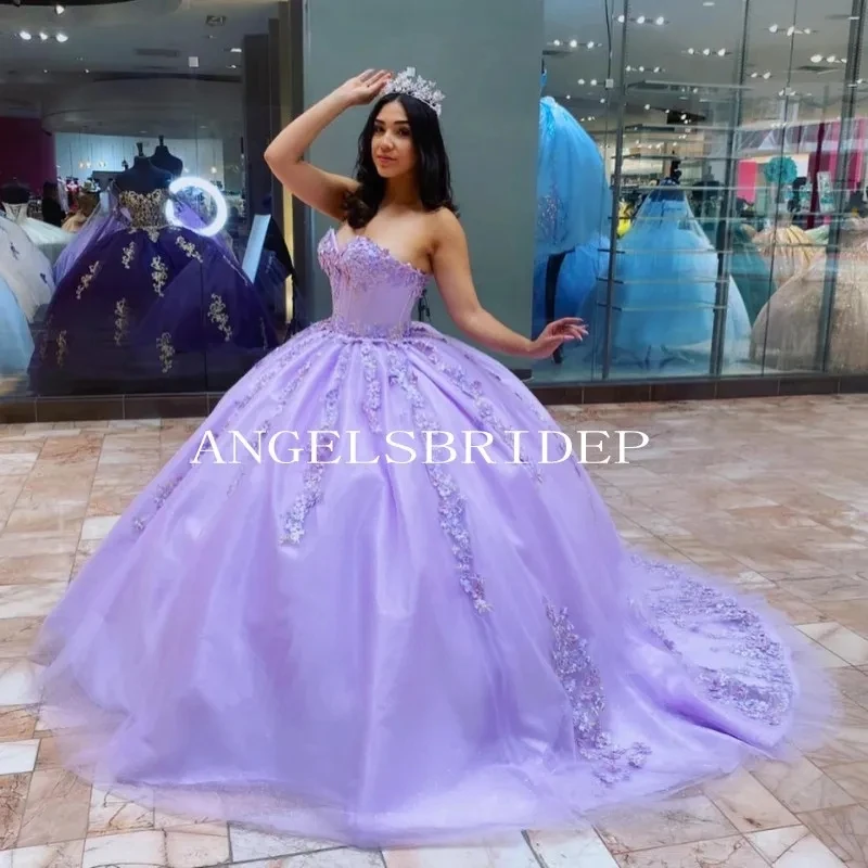 

Angelsbridep Lavender Ball Gown Quinceanera Dresses With Long Train Appliques Vestidos 15 Quinceañeras Princess Party Gown