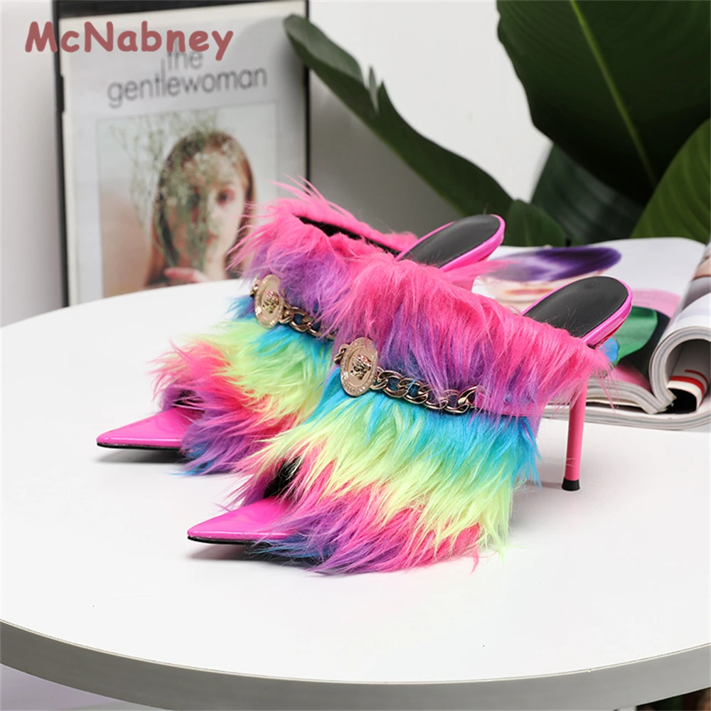Summer Women Fur Slippers Fluffy Fur Slippers Metal Buckle Sandals Outdoor Flip Flops Fashion Thin Heels Rainbow Fluff Shoes