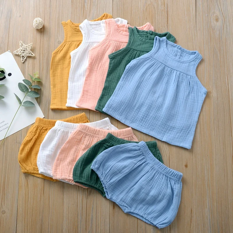 

Children's Set Summer Muslin Clothing Suits Breathable Vest Sleeveless Tops Shorts Solid Color Infant Two-piece Costume 0-4Years