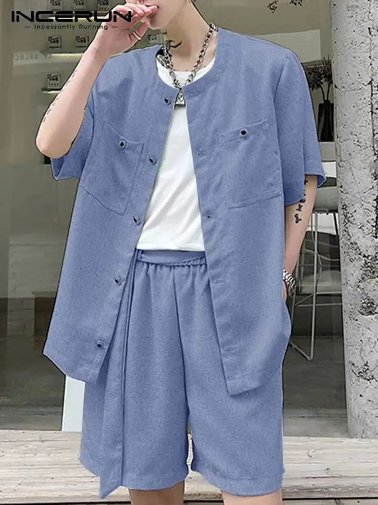 

INCERUN Fashion Men Sets Solid Color Short Sleeve Button Shirt & Shorts 2PCS Streetwear 2022 Loose Summer Men Casual Suits 5XL 7