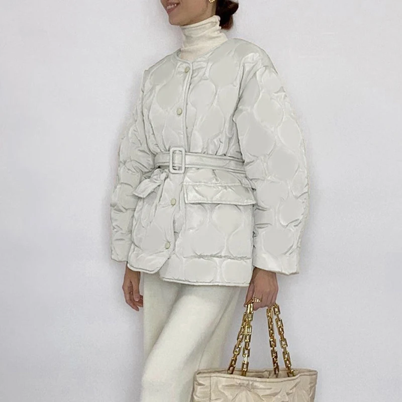 White Winter Parkas Women Casual Round Neck Textured Loose Long Jacket Female 2022 Thick Warm Large Pocket Cotton Coat With Belt