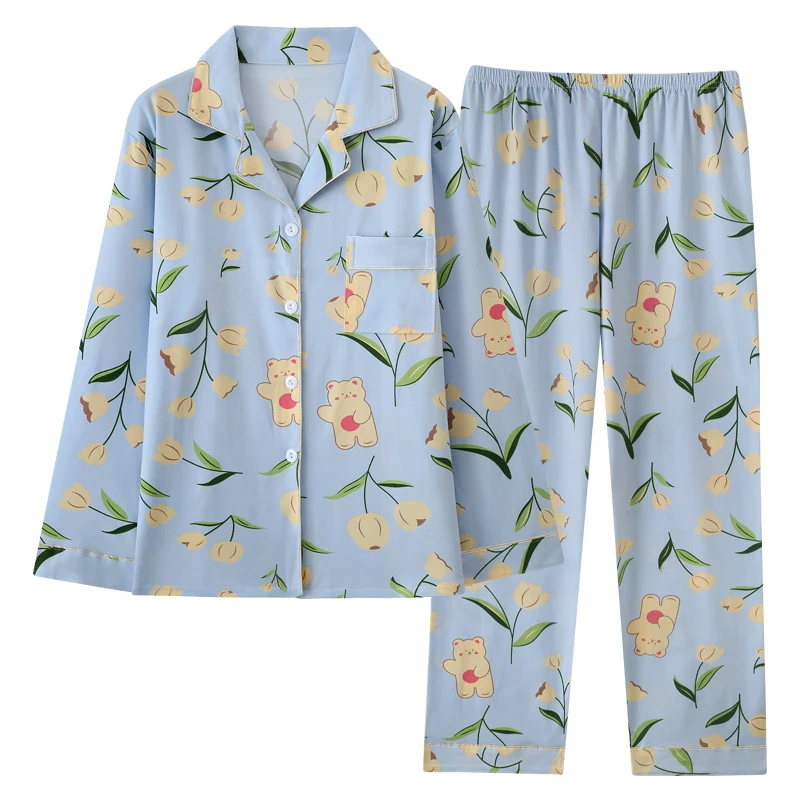 CAIYIER 2023 Cute Tulip Print Women Nightwear New Autumn Winter Leisure Pajamas Set Girls Soft Sleepwear Suit Cardigan Homewear