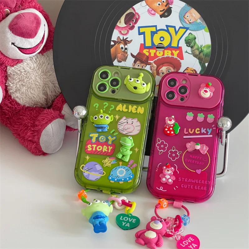 Disney Toy Story Strawberry Bear With 3D Doll ornaments makeup mirror Phone Case For Iphone 11 12 13pro 14 Pro Max Xs Xr Cover