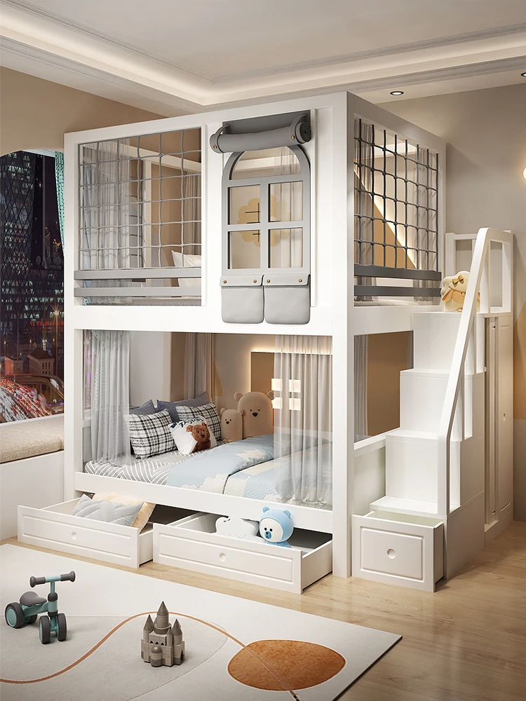 Детская кровать с высоким поручнем двойная одинаковой ширины верхняя и нижняя