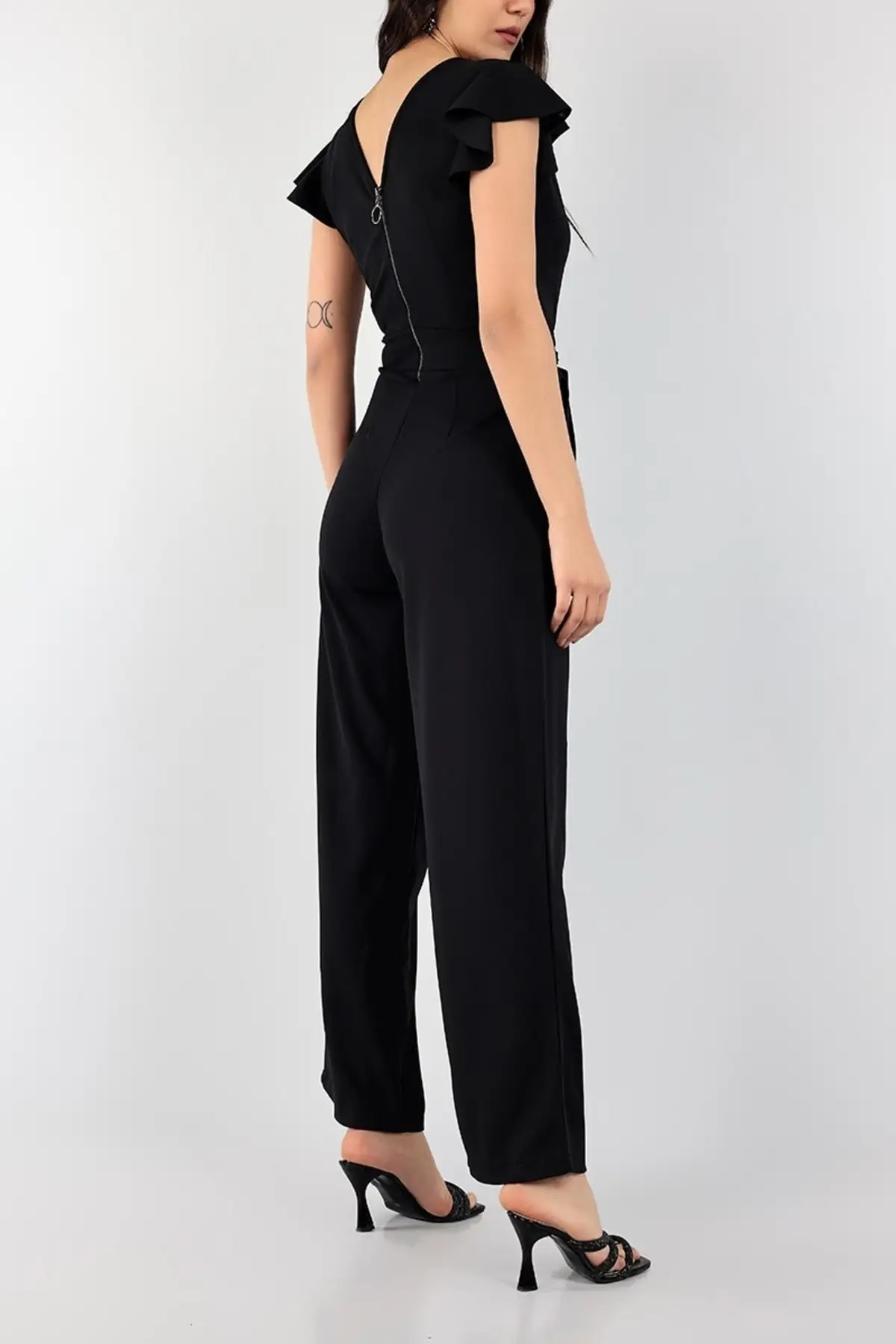 

Women's Overalls Black Self Belt Zipper Jumpsuit Hot Style Quality Fabric Sleeveless Baggy Trousers Casual Jumpsuit