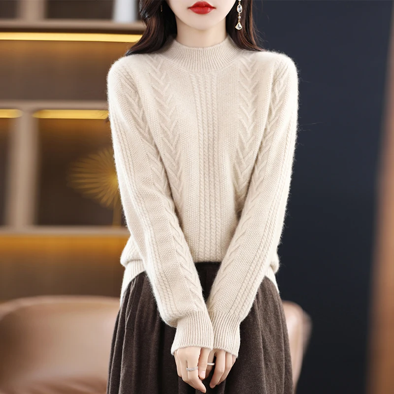 

100% Woolen Sweater Winter Thick Woman's Sweaters Long Sleeve Half Turtleneck Jumper Female Pullover Cashmere Sweaters Slothing