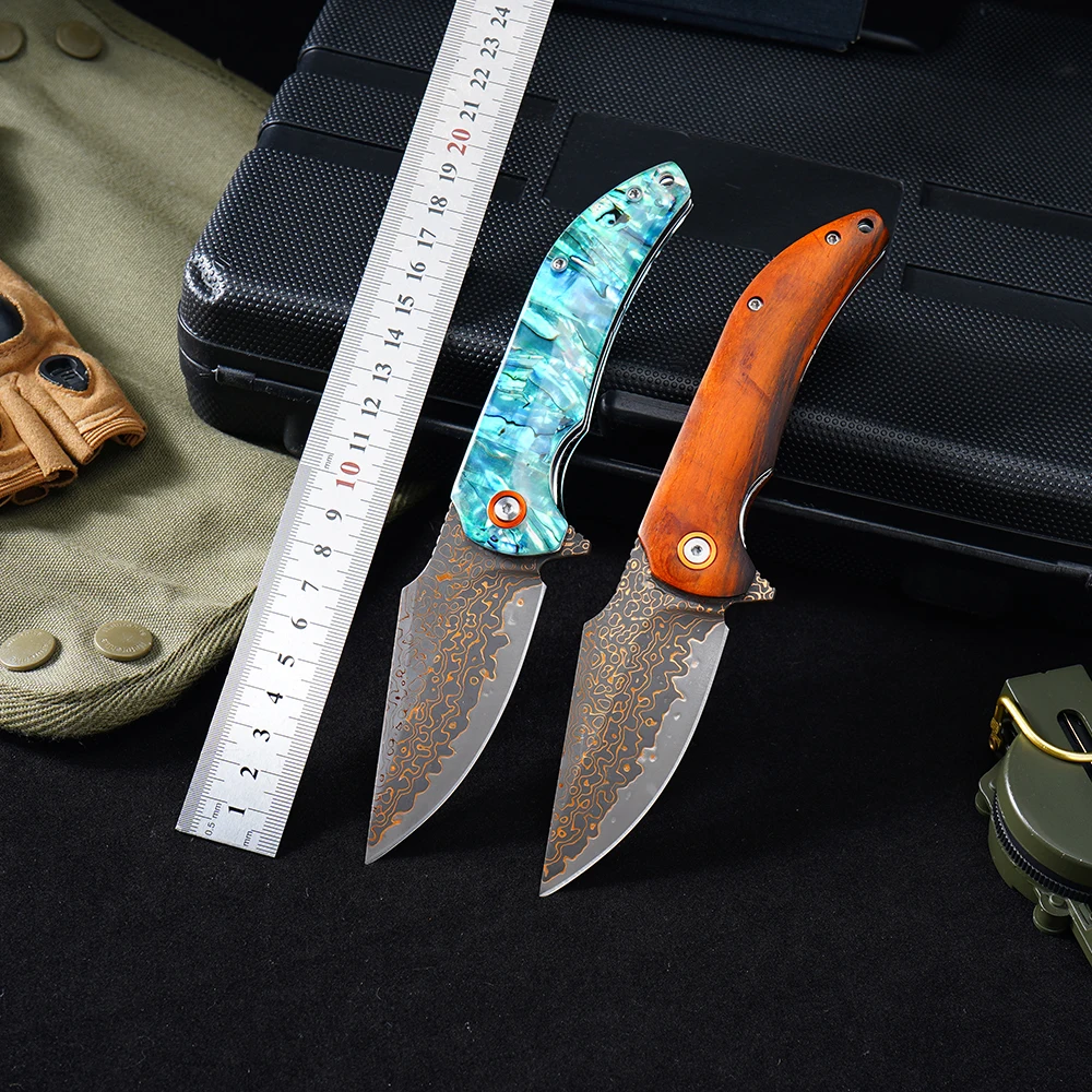    Складной карманный нож GT-DM019-1 с лезвием из дамасской стали VG10 и латунным узором, рукоять из сандалового деревакаибей, походный нож, инструмент EDC ﻿ (art.: 3920dc7f93095) - 3920dc7f93095