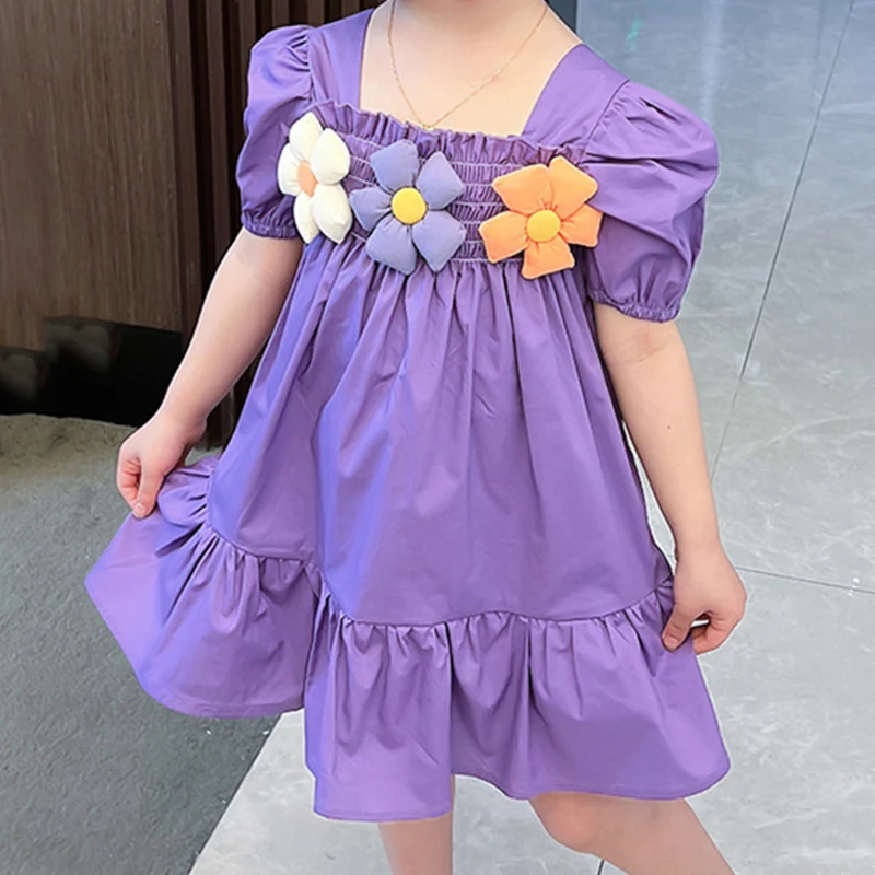 

2023 Summer New Puff Sleeves Princess Dress Bright Dress For Girl Clothes Kid Clothes For 3-7 Years