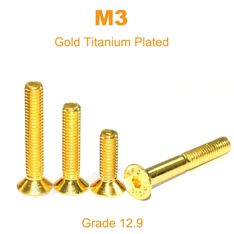 Купи 10pcs M3 ISO7991 Flat Countersunk Head Hex Hexagon Socket Screws Gold Titanium Plating Alloy Steel Allen Bolt Grade 12.9 Model за 64 рублей в магазине AliExpress