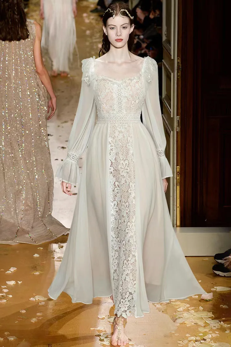 Женское платье в дворцовом стиле с длинным рукавом и кружевной вышивкой