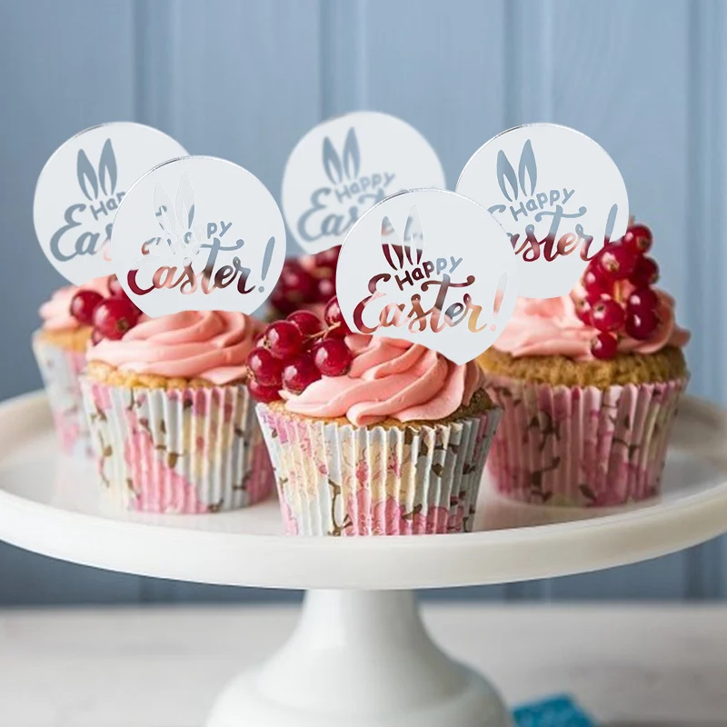 

5pcs Easter Cake Decor Inserts Acrylic Golden Silver Pink Cutout Bunny Print Cake Card Wedding Birthday Home Party Baking Decor