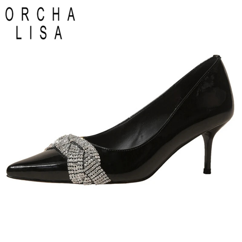 

ORCHA LISA Women's Pumps Pointed Toe Thin Heels Full Grain Leather Slip-on Metal Decoration Size 40 Black Apricot Spring S3217