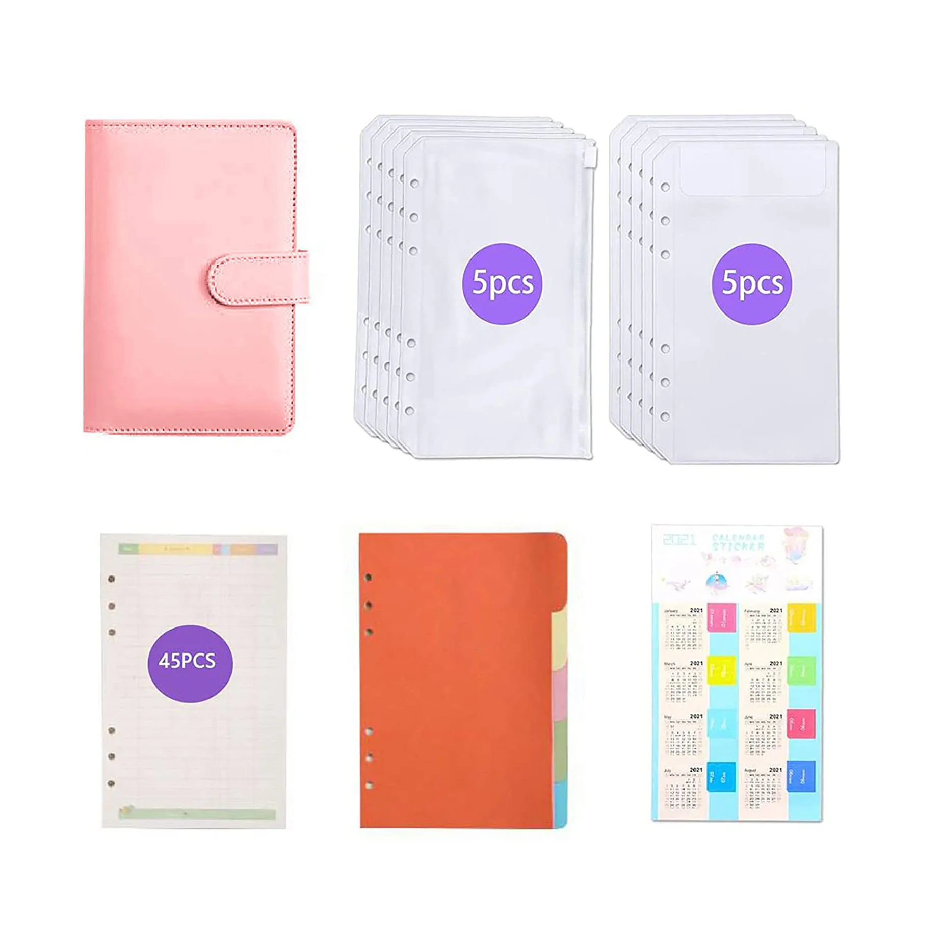 

63 Pieces A6 PU Leather 6 Ring Binder Budget Planner Organizer with 10pcs Cash Envelopes,2pcs Calendar Labels, 45pcs A6 Paper