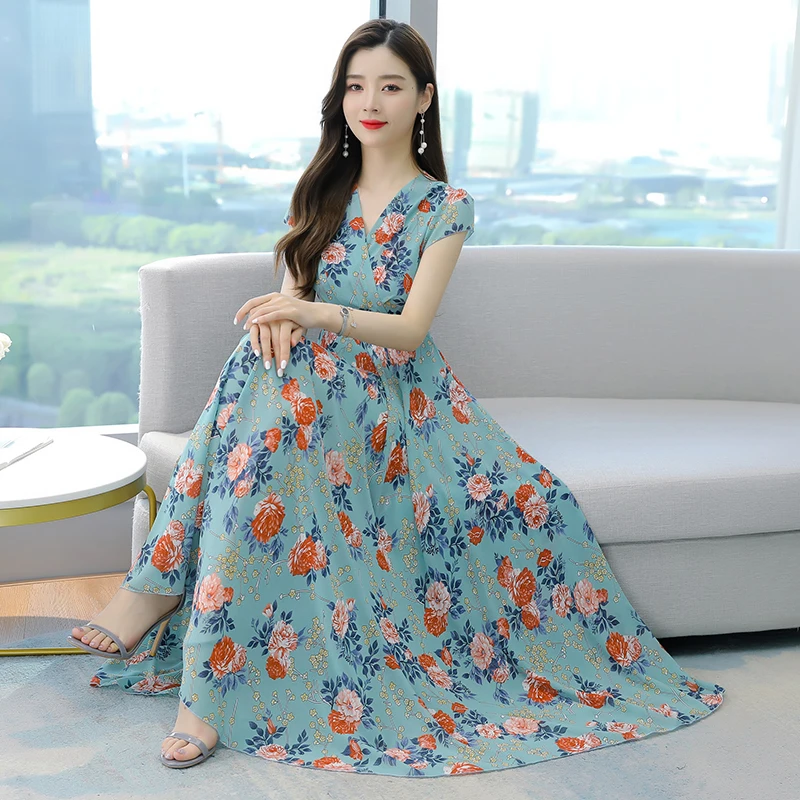 

2022 Chiffon Floral Boho Beach Maxi Dress Summer Casual Blue Print V-neck Short Sleeve Dress Women Bodycon Nigth Party Vestidos